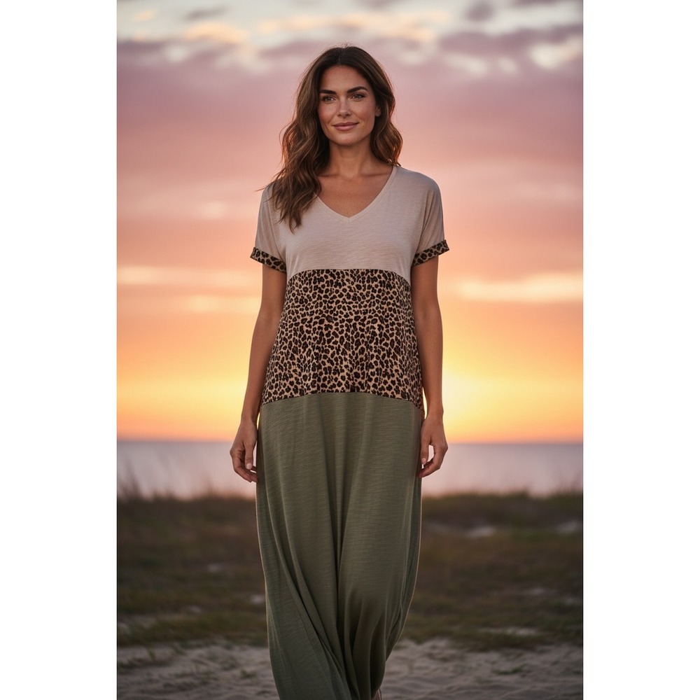 Umgee Women Tan Leopard Olive Colorblock Linen Blend Maxi Dress L Boho Vacation